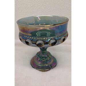 Vintage Indiana Glass Kings Crown Blue Iridescent Carnival Glass Compote Dish